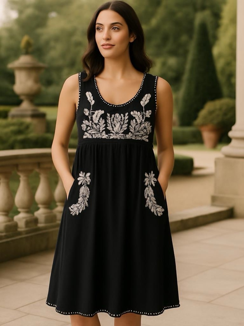Grace Elements Black Sleeveless Midi Dress with Cream Floral Embroidery